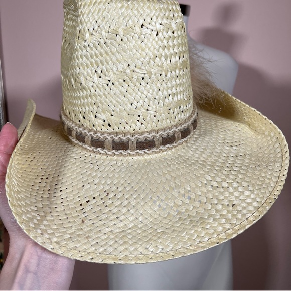 Vintage 70 80 Retro Stagecoach Natural Straw Western Cowboy Hat with Feathers - Picture 14 of 17